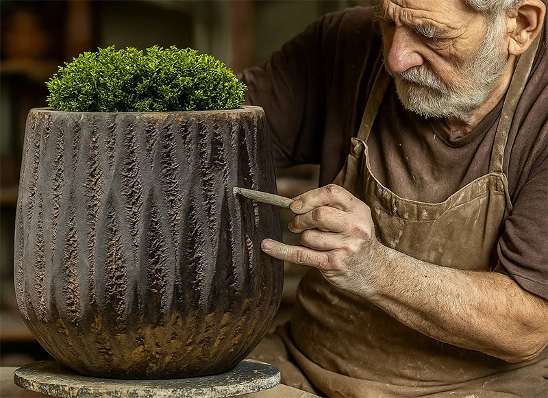 Skilled craftsman carefully detailing a ceramic planter with traditional tools